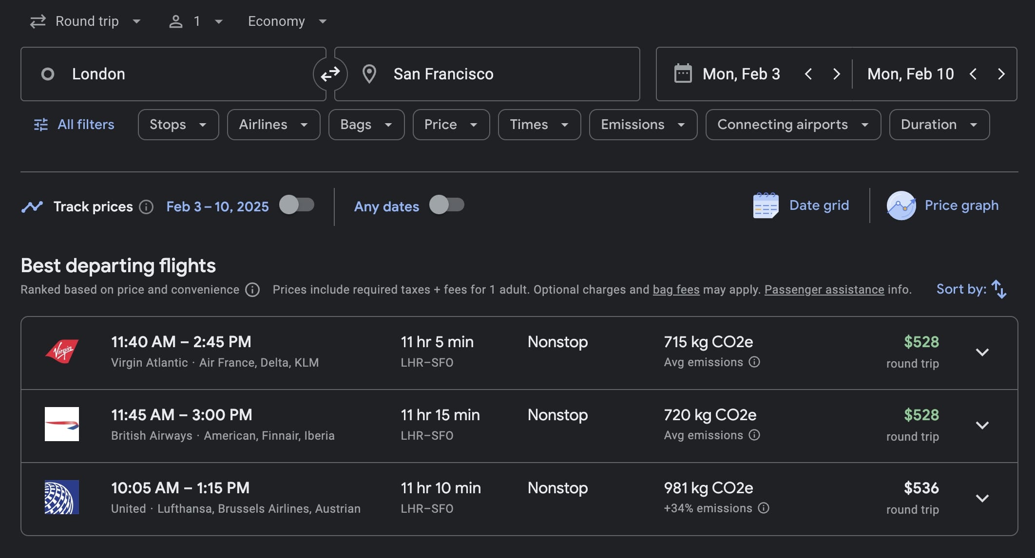 Flights from London to SF